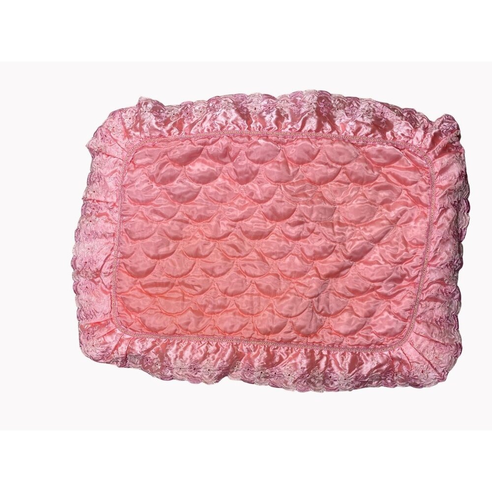 Vtg Pink Quilted Standard Pillowcase Scallop Floral Eyelet Lace Trim Zipper